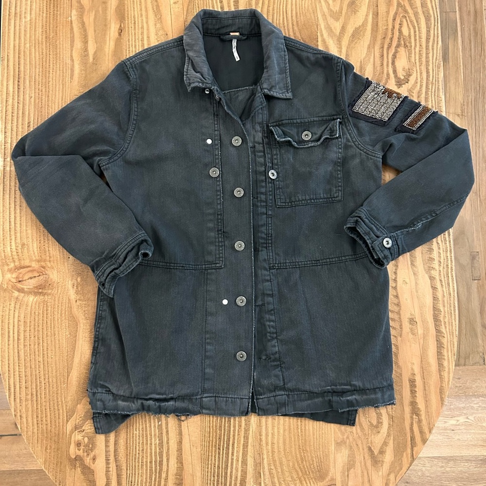 Free People Black Denim Jacket with Sequin Military Epaulet